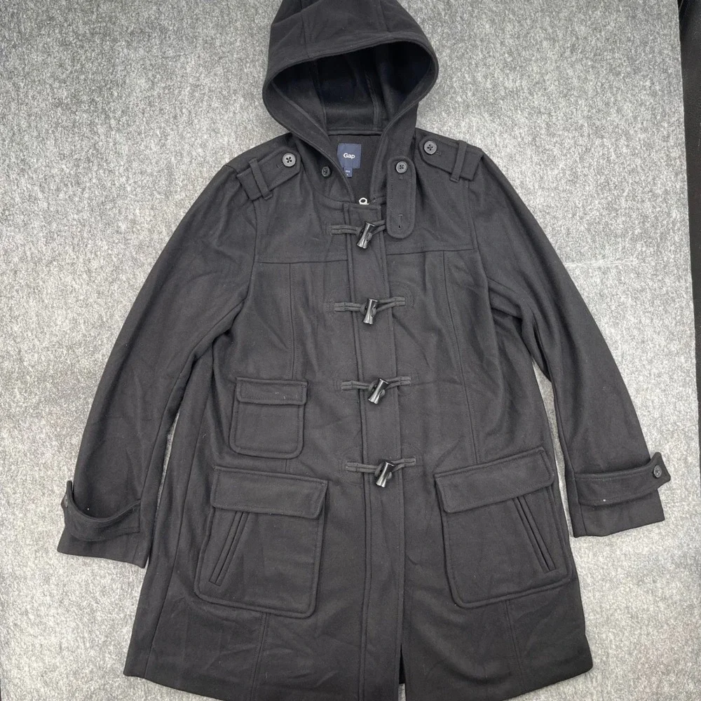 Gap Jacket Mens Large Black Wool Blend Hooded Toggle Duffle Coat